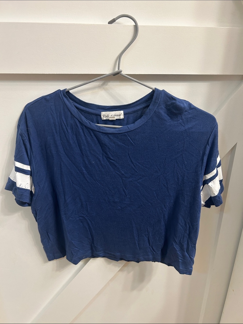 Knitworks Navy Cropped Tee with White Sleeve Stripes